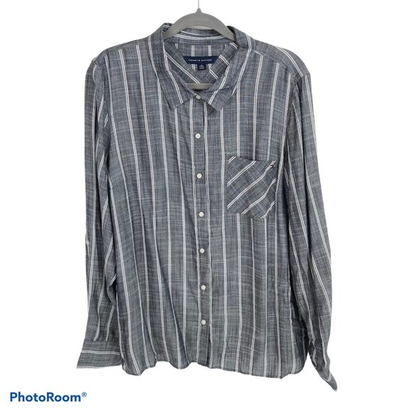 Tommy Hilfiger Gray White Striped Button Up Shirt - Picture 1 of 12